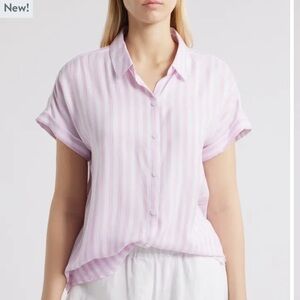 Beachlunchlounge Kenzie Stripe Short Sleeve Button-Up Shirt Womens Size XL